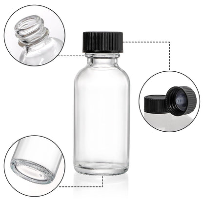 Bekith 30 Pack Boston Round Glass Bottle with Black Cap, 1 oz (30ml) Clear Glass Bottles Small Travel Bottle