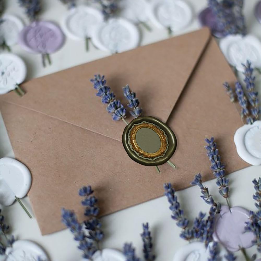 1PCS Wax Seal Stamp Head 1PCS Removable Wooden Handle,3D Embossed Oval Vintage Texture Brass Head Wax Stamp Retro Photo Frame Wax Seal Stamp Kit for Cards Envelopes Wedding Invitations Scrapbooking