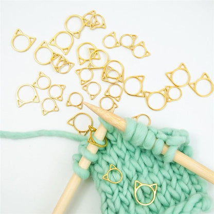 30 Pcs Stitch Markers with Wooden Storage Box, Cat Ears Metal Knitting Crochet Locking Markers Crochet Latching DIY Weaving Knitting Sewing Tools