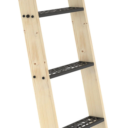 LKCBITION 60inch Knotty Pine Wood Library Ladder with Black Metal Step and Handle, Includes 24inch Rustic Black Wall Mount Pipe Railing with Hooks(Suitable Installation Height 58-3/4")