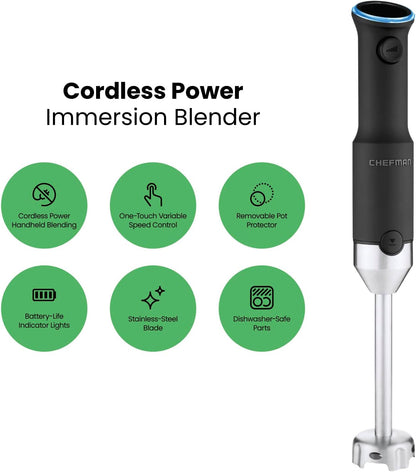Chefman Cordless Power Portable Immersion Blender, Ice Crushing Power with One-Touch Speed Control, USB Charging,