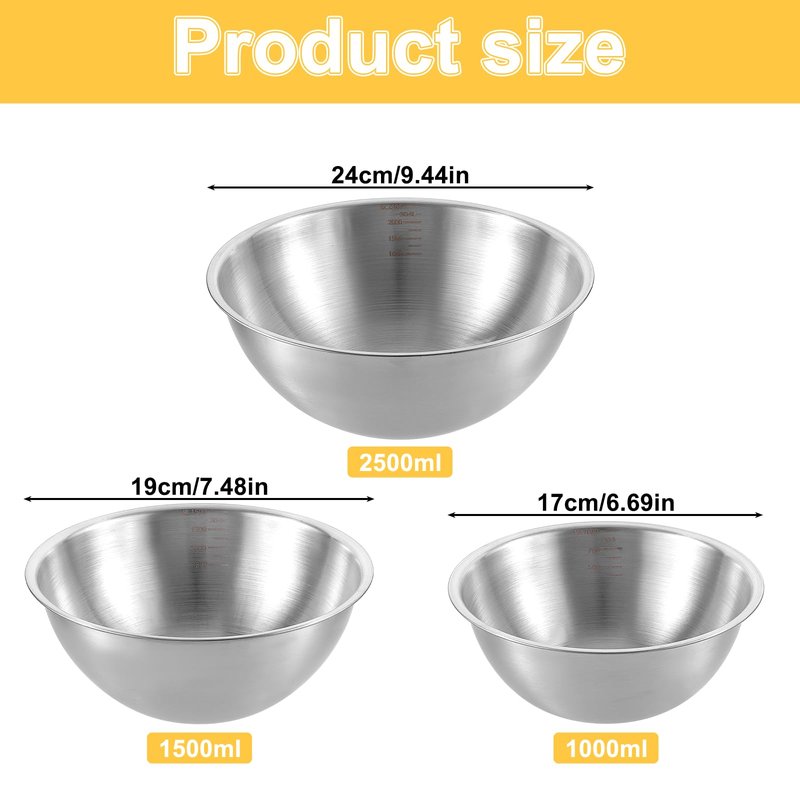 Stainless Steel Mixing Bowls 3 Packs Nesting Baking Supplies Small Thicker Stainless Steel Flat Bottom Stackable Salad Bowl Mixing Bowls Set for Cooking, Baking, Salad,Serving(1000/1500/2000ml)