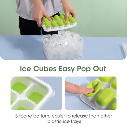 DOQAUS Ice Cube Tray with Lid and Bin - 4 Pack Silicone Ice Cube Trays for Freezer, Stackable Ice Bucket Kits with Storage Container & Scoop for Kitchen, RV, Cocktail, Coffee
