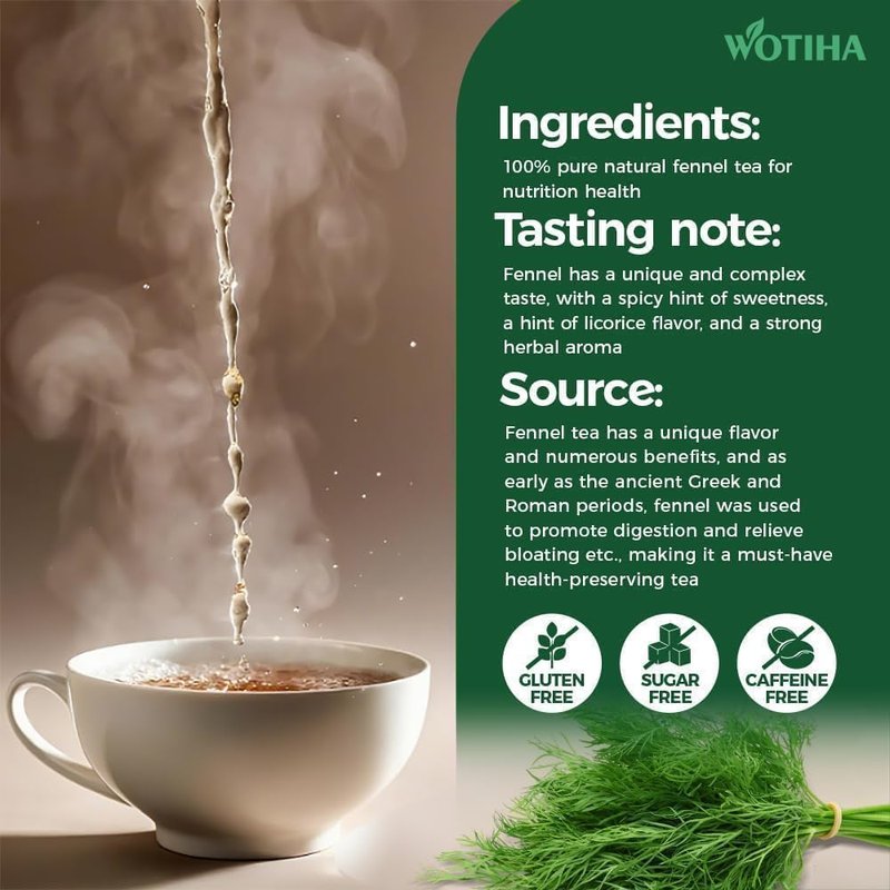 WOTIHA 90 Count Organic Premium Fennel Tea Bags - 100% Natural & Pure Herbal Tea, Supports Digestion & Reduces Bloating, Caffeine-Free, Sugar-Free, Gluten-Free, Vegan.Non-GMO