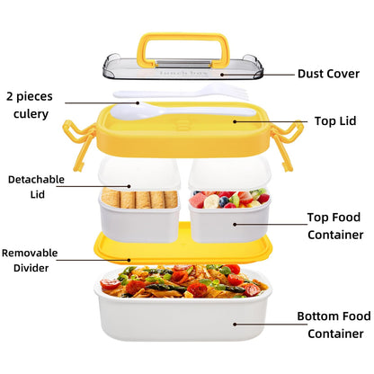 Covzoe 3 Pack Stackable Bento Box, Leakproof Adults Lunch Box with Spoon Fork, Portable 3 Compartments Food Storage Snack Containers with Handle for Dinner out Work Picnic, Microwave Safe