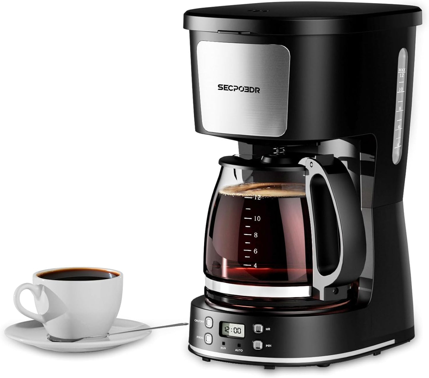 12-Cup Filter,Programmable Drip Coffee Maker with Reusable Clock,Auto Brew,Water Window,Keep Hot Plate,Glass