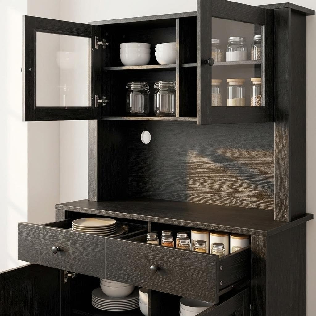 63" Tall Farmhouse Kitchen Pantry Cabinet with Microwave Stand, Freestanding Pantry Hutch Cabinet with Adjustable Shelves, Drawers & Countertop, Buffet Cupboard for Dining & Living Room Storage, Black