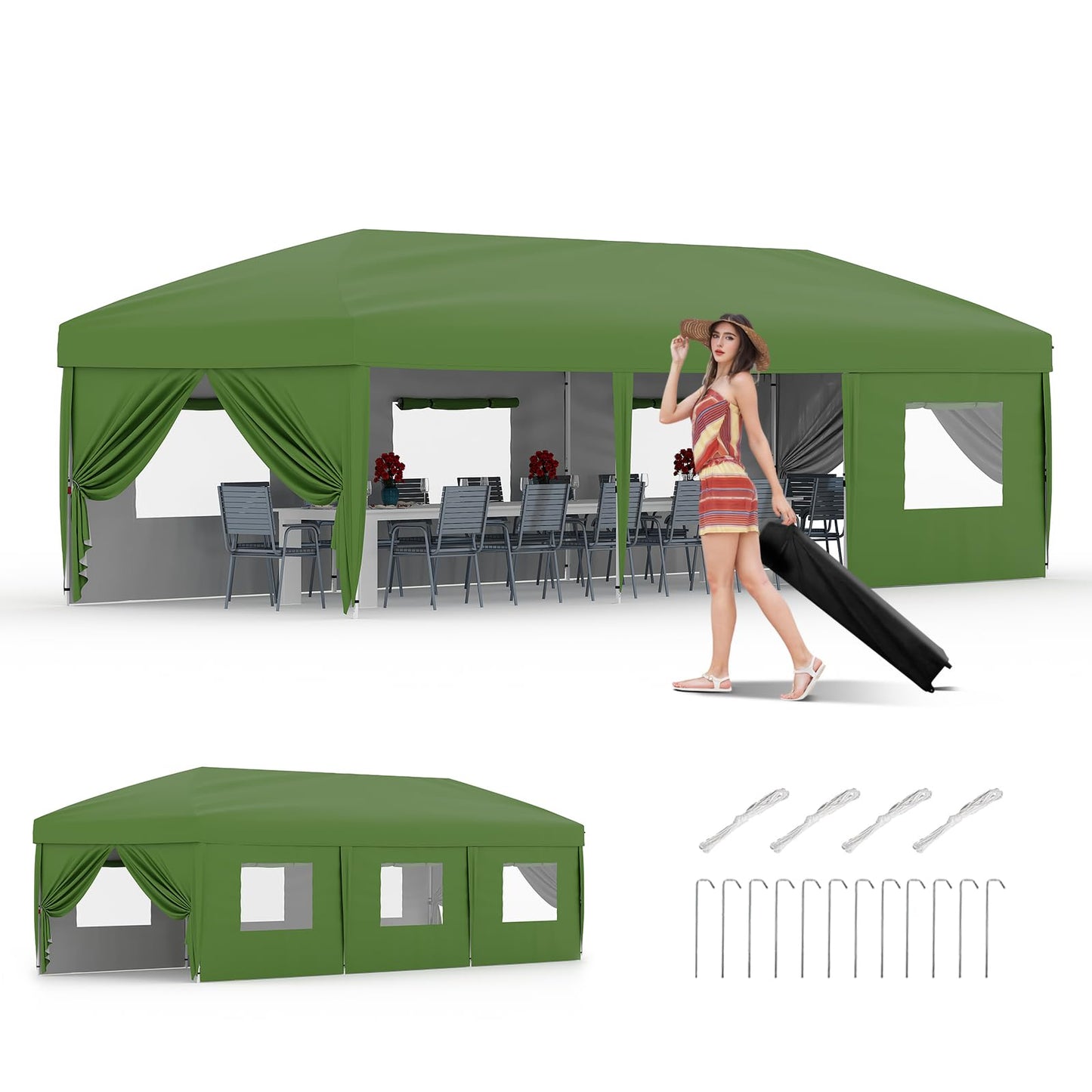 Garvee 10x30FT Pop Up Canopy with Sidewalls, Outdoor Canopy Tent with SandBag & Carry Bag for Commercial Events, Camping, Backyard Parties, Green