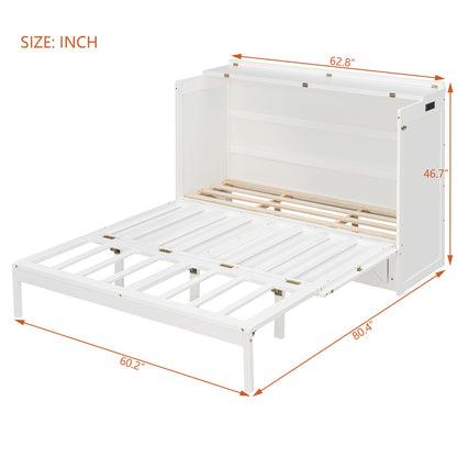 Merax Queen Size Murphy Cabinet Bed with Storage Drawers, Wall Murphy Bed with a Set of Sockets & USB Ports, Folding Platform Bed for Small Room