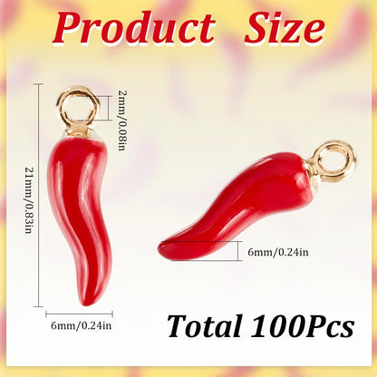 SUNNYCLUE 1 Box 100Pcs Hot Pepper Charm Chili Pepper Charms Enamel Mexican Fiesta Cinco De Mayo 3D Red Italian Horn Chilis Miniature Food Pendants for Jewelry Making Supplies DIY Necklace Keychain
