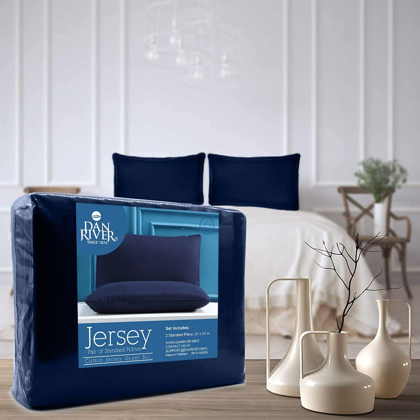 DAN RIVER 100% Organic Cotton Jersey Queen Pillowcases, Set of 2, 20" x 30", Navy, Breathable Cooling