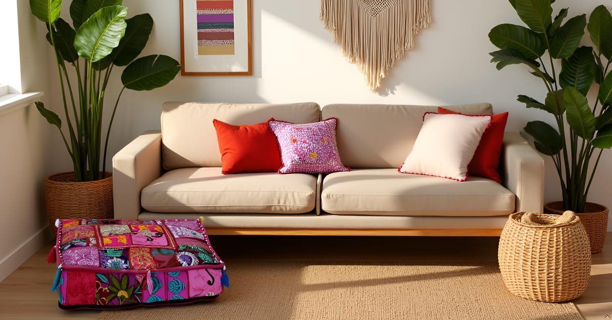 22x22x5 inches, CRAFT KALA Indian Square Patchwork Traditional Pouf Cover Indian Living Room Poufs Decorative