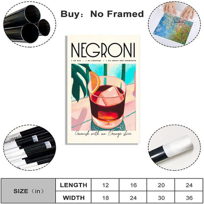 Iconic Negroni Cocktail Poster: MIX & MATCH Bar Cart Decor with Cocktail Recipes, Canvas Print