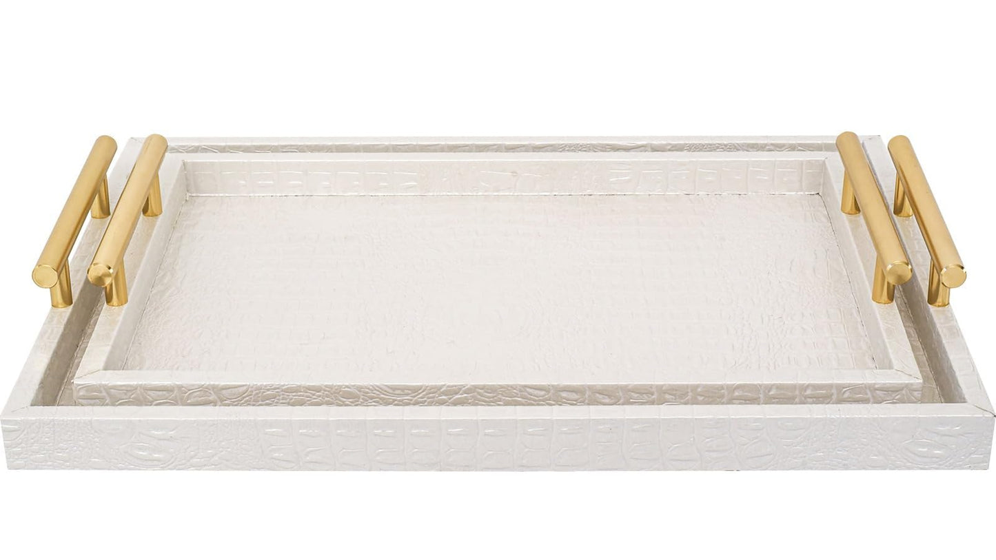MACVAD Set of 2 Modern Elegant Large Wood Serving Tray, Rectangle Decorative Tray Ottoman Tay Coffee Table Tray, Pearl White Crocodile Leather with Gold Polished Metal Handles