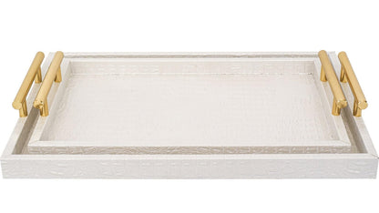 MACVAD Set of 2 Modern Elegant Large Wood Serving Tray, Rectangle Decorative Tray Ottoman Tay Coffee Table Tray, Pearl White Crocodile Leather with Gold Polished Metal Handles