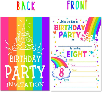 ukebobo Rainbow Happy Birthday Party Invitations for Child’s 8th Birthday – 20 Colorful Cards with Envelopes
