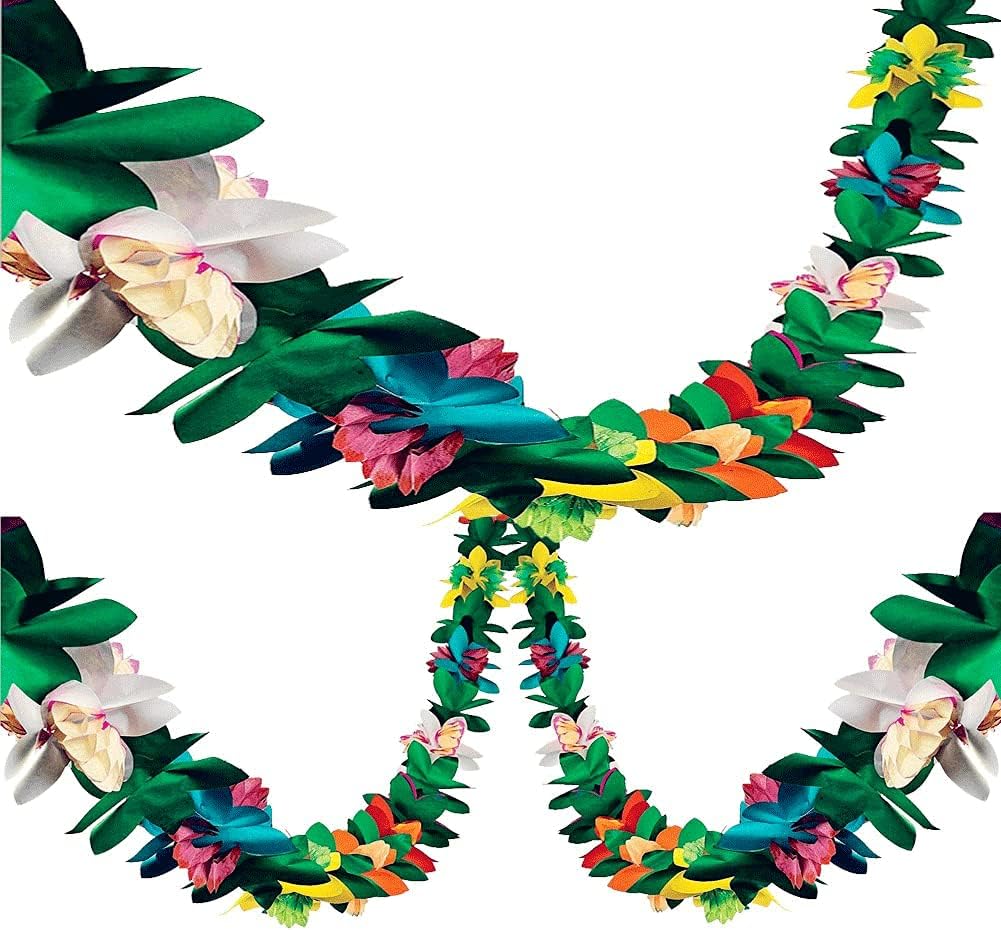 BUSOHA (3 Pack) Tissue Flower Garland - 12 Feet Long Tropical Multicolored Paper Garland Flower Banner for Hawaiian