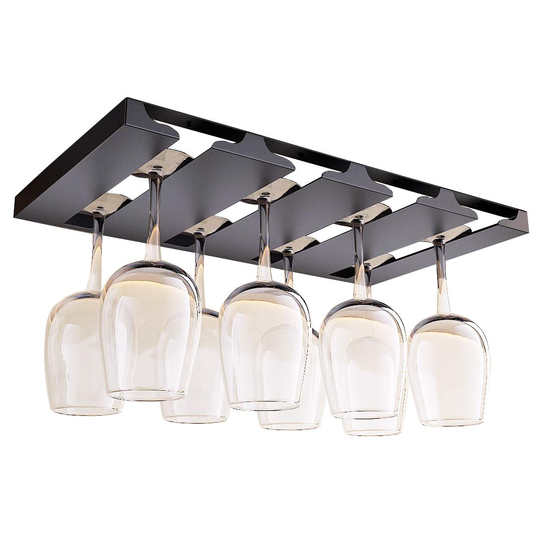 SIMVE Wine Glass Holder Under Shelf or Cabinet, Stainless Steel 16.5 Inch Stemware Rack, Glassware Drying Hanger, Metal Hanging Organizer for Bar Restaurant, Matte Black, 4 Row