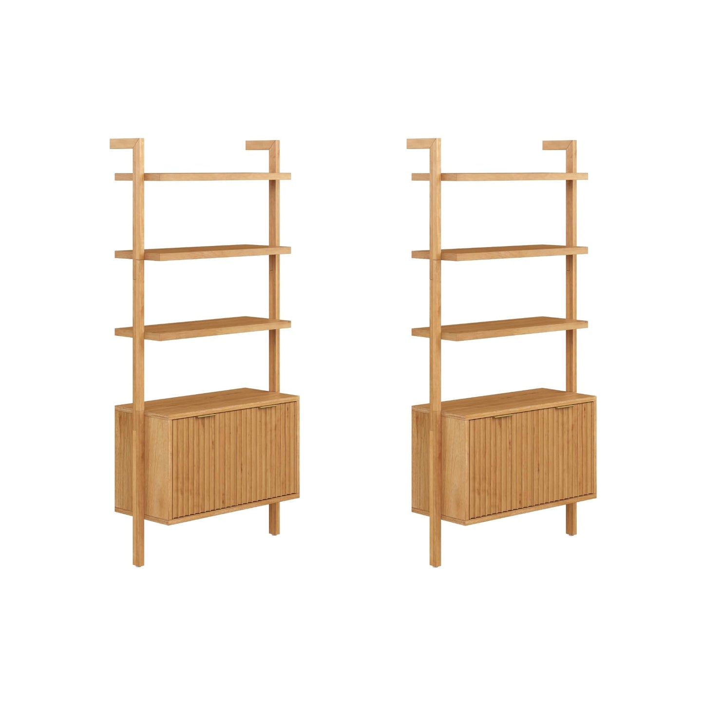 Nathan James Jasper 3-Shelf Solid Wall Mounted Bookcase, Bohemian Bookshelf with Cabinet with Fluted Doors, Set of 2