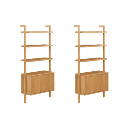 Nathan James Jasper 3-Shelf Solid Wall Mounted Bookcase, Bohemian Bookshelf with Cabinet with Fluted Doors, Set of 2