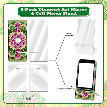 NIHO-JIUMA Diamond Art Phone Holder Kits Flower, DIY Diamond Painting Acrylic Phone Stand & Mirror, Craft Gift for Adults/Teen