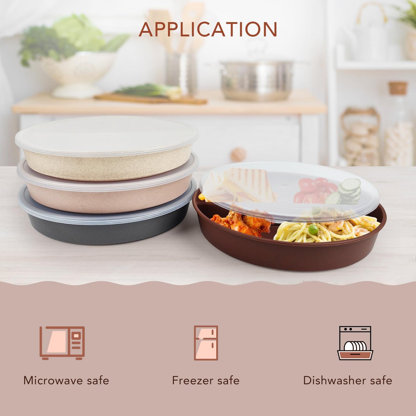 greenandlife 9 Inch 4PCS Portion Control Plates with Lids, Divided Plates for Kids Adults, Dishwasher Microwave Safe Compartment Plate, Unbreakable Lightweight Reusable Wheat Straw Plate, Earth Tone
