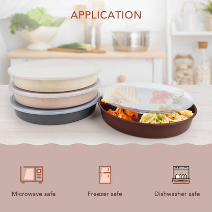 greenandlife 9 Inch 4PCS Portion Control Plates with Lids, Divided Plates for Kids Adults, Dishwasher Microwave Safe Compartment Plate, Unbreakable Lightweight Reusable Wheat Straw Plate, Earth Tone