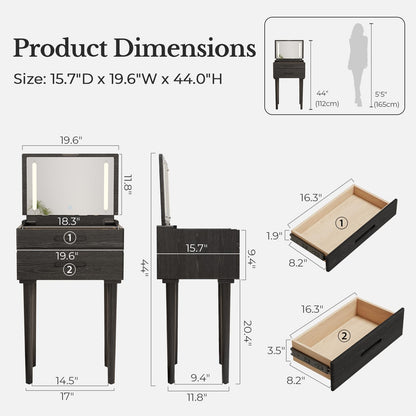 Muwuele Solid Wood Small Vanity Desk with Mirror and Lights, Narrow Makeup Vanity for Small Space, Flip Top Vanity Side Table, 3 Color Modes & Adjustable Brightness, 19.6" Slim Dressing Table, Black