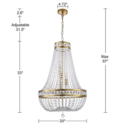 Wellmet Crystal Chandelier Light, 8 Lights French Empire Chandeliers Lighting Ceiling Fixture Hanging Pendant for Dining Living Room Foyer Kitchen Bedroom Entryway, 20''W (Brass, 20)