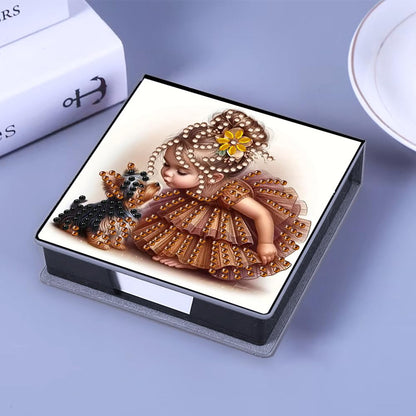 FRANDEK Girl and Dog Creative Diamond Art Desk Organizer, DIY PU Note Box with 160 Sheets, All-in-One Gift Set for Craft Lovers, Elegant Mosaic Kits for Home & Office