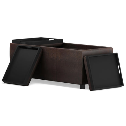 SIMPLIHOME Avalon Storage Ottoman - 42 inch Wide Upholstered Vegan Leather Rectangular Flip-Top Ottoman in Distressed Brown, Contemporary Coffee Table Ottoman for Living Room with Hidden Storage