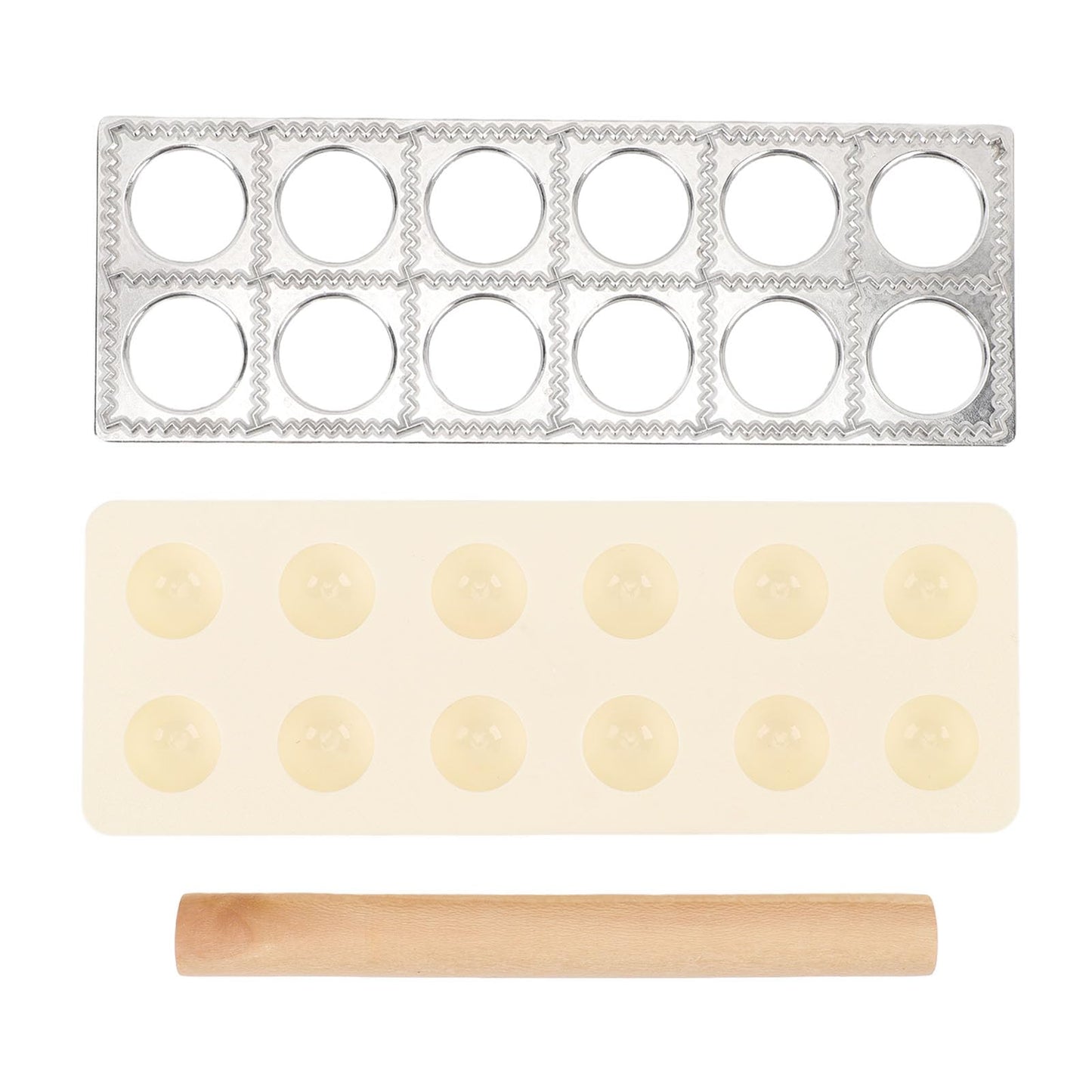 WAHEWUD Ravioli Cutter Aluminum Alloy 12 Cavity Ravioli Mold Set with Solid Wood Rolling Pin Consistent Shape Design Empanada Maker Press for Home Kitchens Tortellini Dough Types