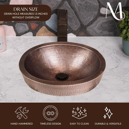 Monarch Abode Bathroom Sink – 17-Inch Oval Skirted Drop In Bathroom Sink, Top Mount Hand Hammered Pure Copper Vanity Sinks for Countertop, Powder Room or Restroom, Drop in Sinks for Bathrooms
