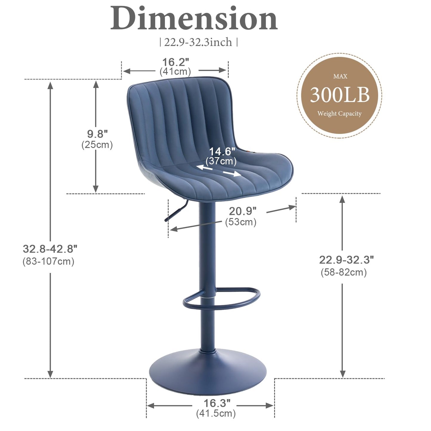 YOUNUOKE Bar Stools Set of 2, Counter Height Barstools for Kitchen Island, Modern Adjustable Swivel Blue Bar Chairs with Blue Legs