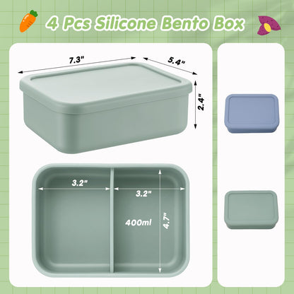 Layhit 2 Pcs Silicone Bento Box for Adults, 27 oz Bento Lunch Container Reusable 2 Compartment Lunchable Food Container for Women Men, Leak Proof Microwave Dishwasher Freezer Safe (Gray Blue,Green)
