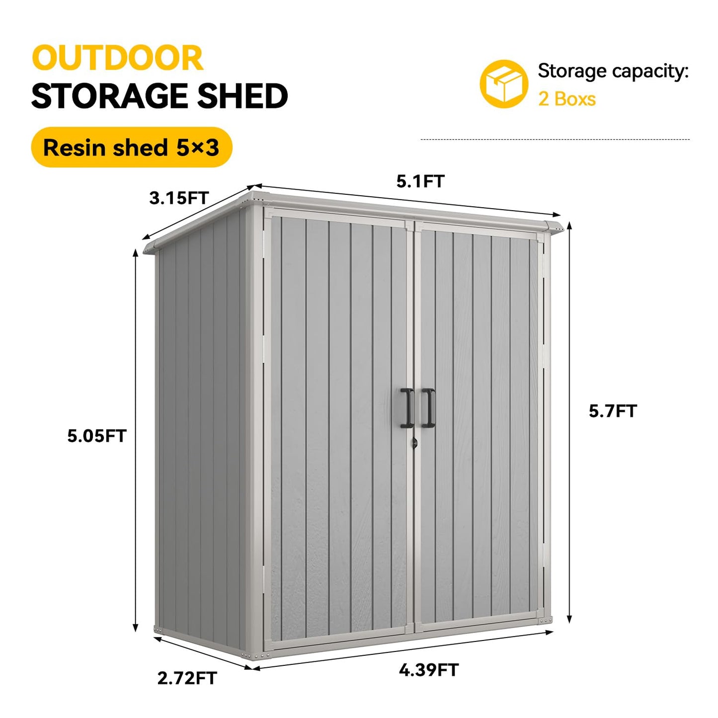 Aoxun 5x3 FT Outdoor Storage Shed, Plastic Garden Resin Shed with Floor for Patio, Lawn, Outdoor Storage Cabinet with Lockable Door for Bike, Tools, Garbage Can, Grey