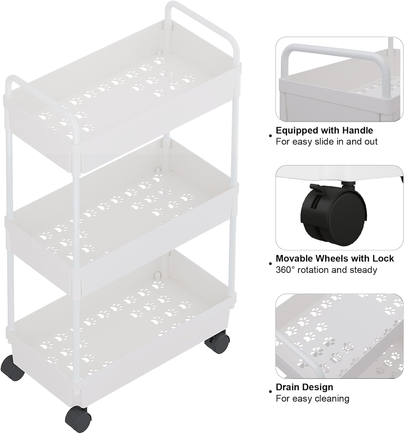 Rolling Storage Cart | 3 Tier Organizer Mobile Shelving Unit with Wheels for Kitchen, Bathroom, Laundry, White