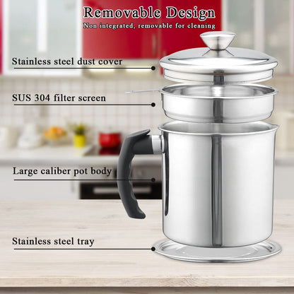 Kyraton Bacon Grease Container With Strainer, 48 oz Stainless Steel Oil Container, Pot Fat Storage With Lid, Easy Grip Handle Suitable For Storing Frying Oil And Cooking Grease 1. Silver