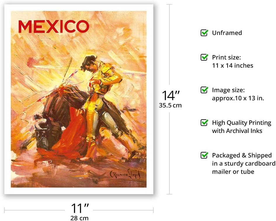 Mexico - Vintage Travel Poster by Carlos Ruano Llopis c.1944, Bullfighting Matador, Fine Art Matte Paper Print, 11x14in