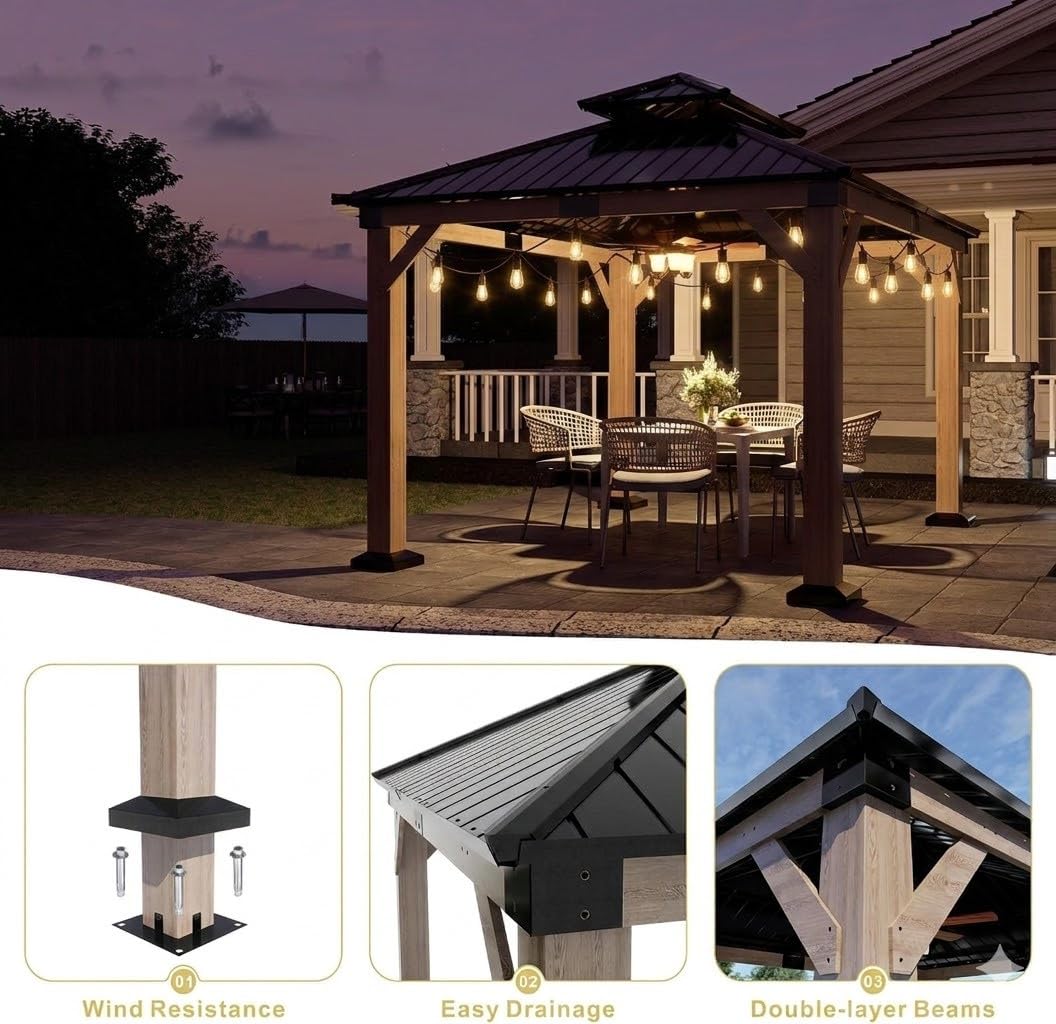 10'x12' Wood Gazebo with String Lights 50ft, Outdoor Hardtop Cedar Double Roof Permanent Pavilion with Galvanized Steel for Patio, Backyard and Garden, Weather-Resistant and Spacious.
