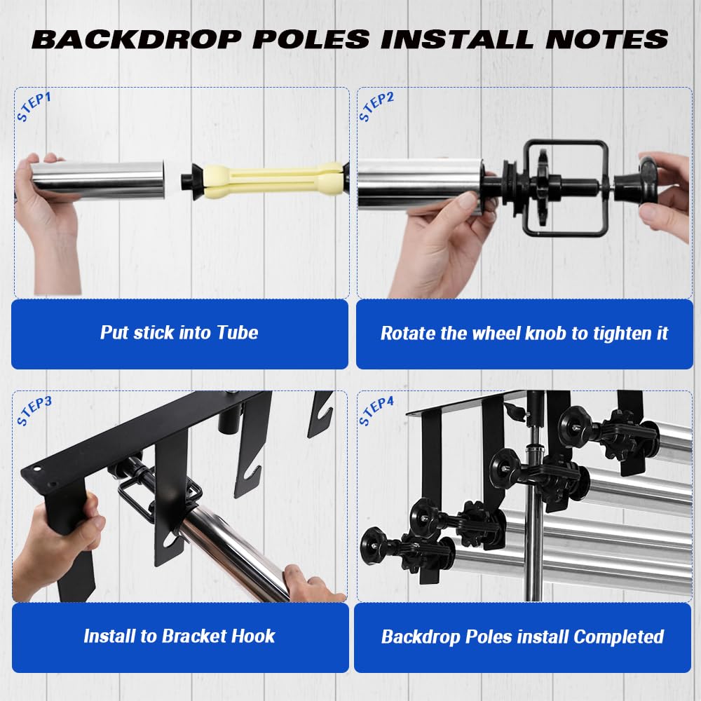 MagicLine Photography Backdrop 4 Roller Support System, 118 inch Stainless Steel Crossbars Manual Backdrop Stand,Wall/Ceiling/Light Stand Mount Background Holder for Home & Studio(Stability)