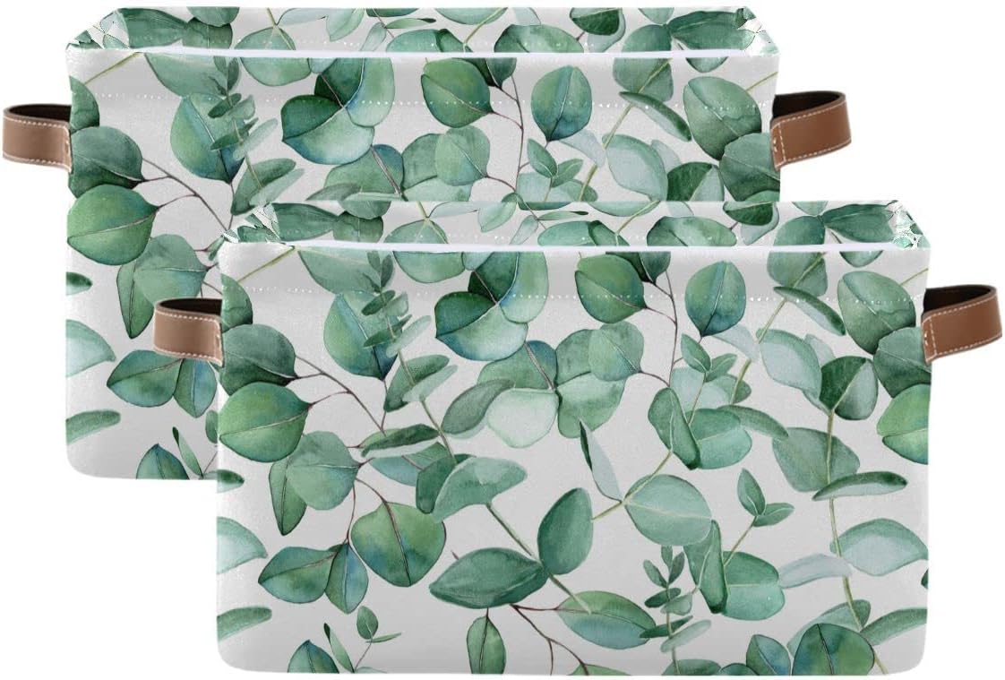xigua Collapsible Green Leaves Storage Basket, Waterproof Canvas Toy Storage Bin with Leather Handles, 1PCS