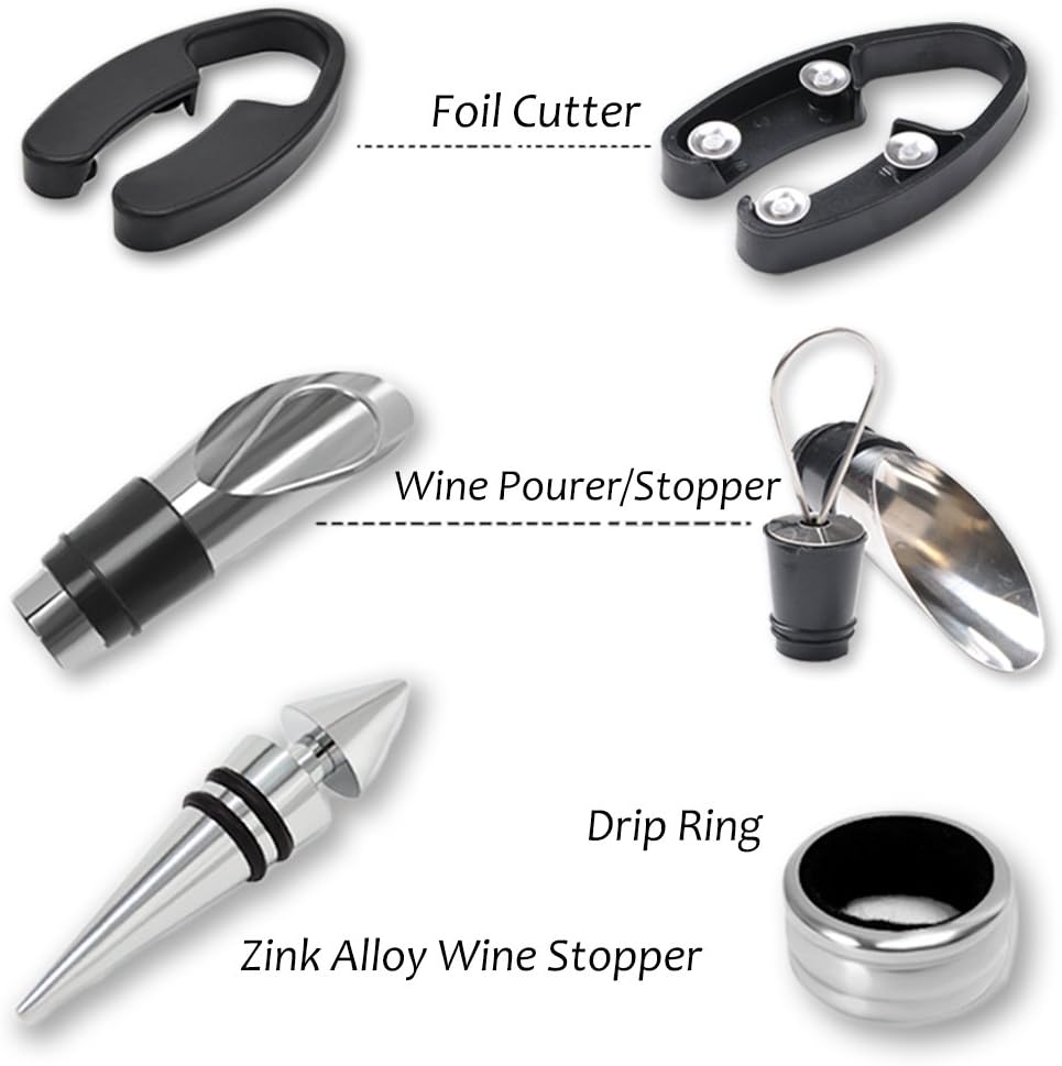 Tirrinia Wine Accessories Gift Set - Corkscrew Opener Kit, Drip Ring, Foil Cutter, Pourer & Stopper in Novelty Bottle