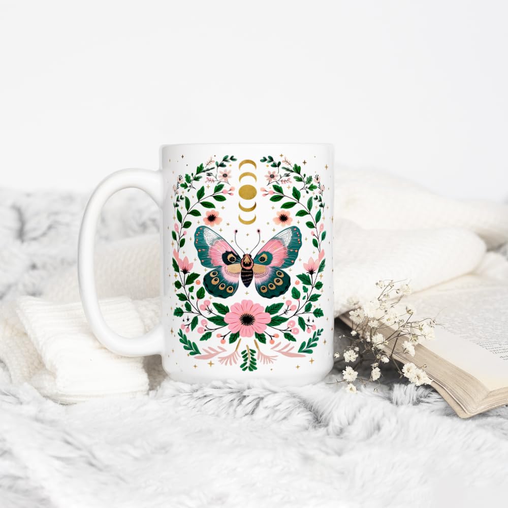 Mystical Butterfly Coffee Mug, Floral Celestial Nature Botanical Moon Stars Gift Cup for Mom Friend
