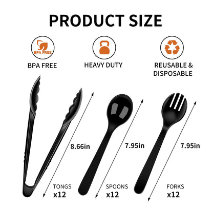 36 PCS Disposable Serving Utensils for Party - 12 Set Including Black Plastic Spoons, Tongs and Forks
