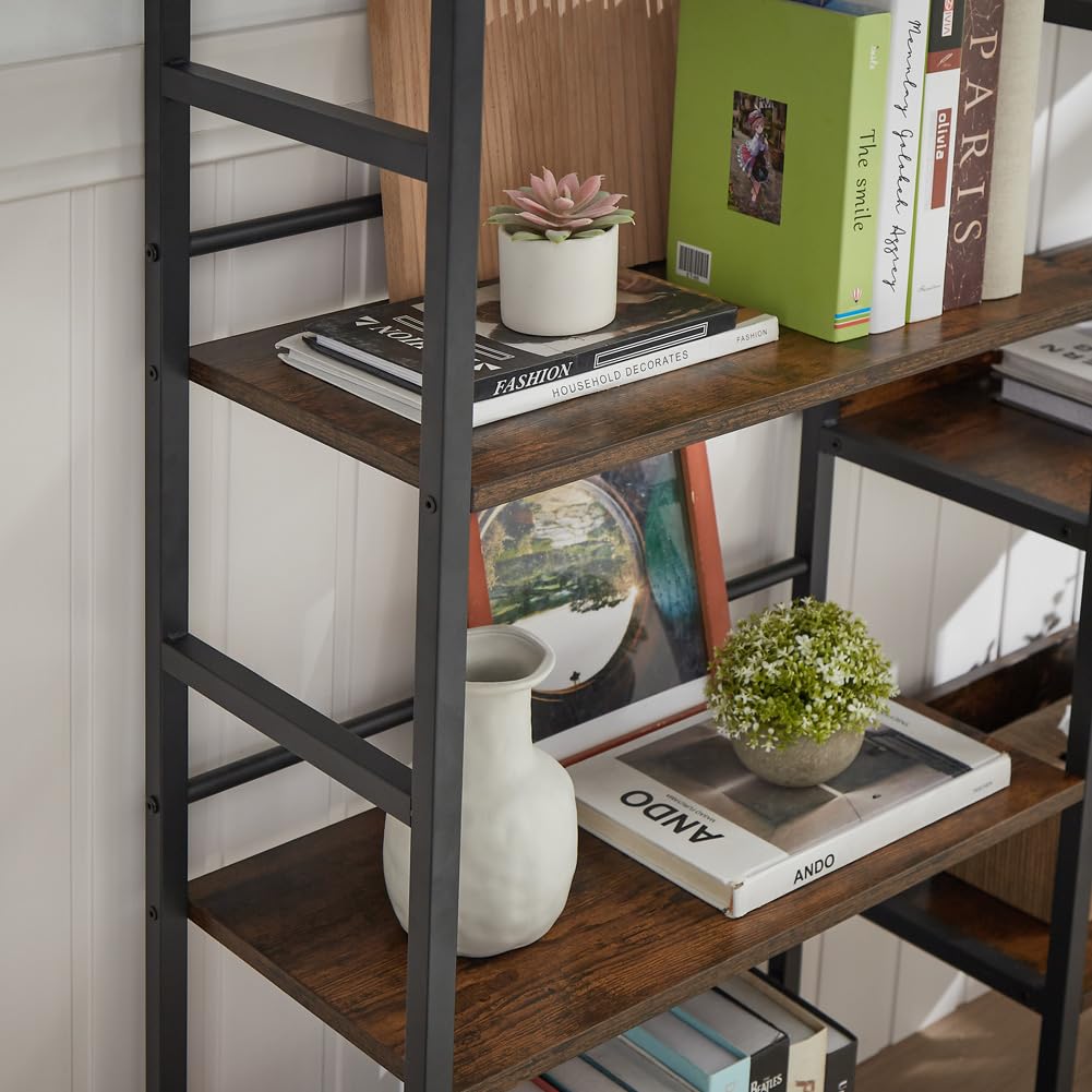 SKYXIU Triple Wide 5 Tier Bookshelf,Rustic Industrial Style Bookcases and Bookshelves with 14 Open Display Shelves,Large Open Bookshelves for Home&Office, Rustic Brown