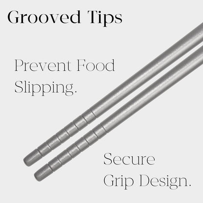 Youda 5 Pairs 99.8% Pure Titanium Chopsticks (9.45") - Extra Long Non-Roll Square Design & Grooved Grip - Lightweight 0.8oz, Flame Pattern - Dishwasher Safe for Asian Cuisine -Gift for Foodies(Silver)