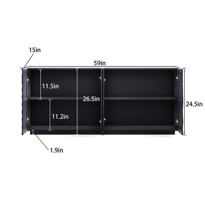 GDFStudio 59" Modern Buffet Sideboard Cabinet, Artistic 3D Texture Storage Cabinet with 4 Doors, Freestanding Credenza Buffet for Living Room Dining Room Kitchen Large Countertop Coffee Bar, Navy Blue
