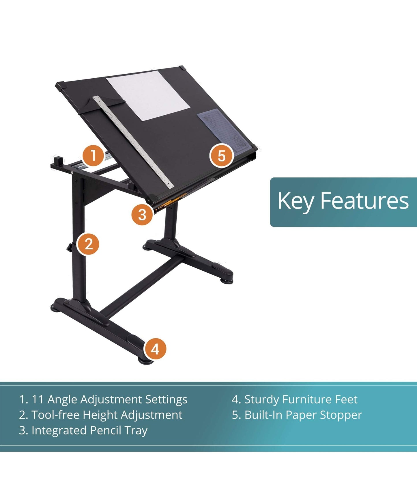 Stand Up Desk Store Adjustable Height and Angle Drafting Table Drawing Desk with Large Surface (Black Frame/Black Top, 40" W X 26" D)