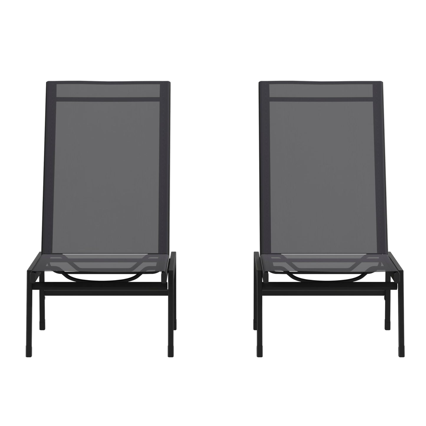 EMMA + OLIVER Braelin Adjustable Patio Chaise Lounge - Black Textilene Seat - Armless Design - 5 Recline Positions - Metal Frame - All-Weather - Set of 2